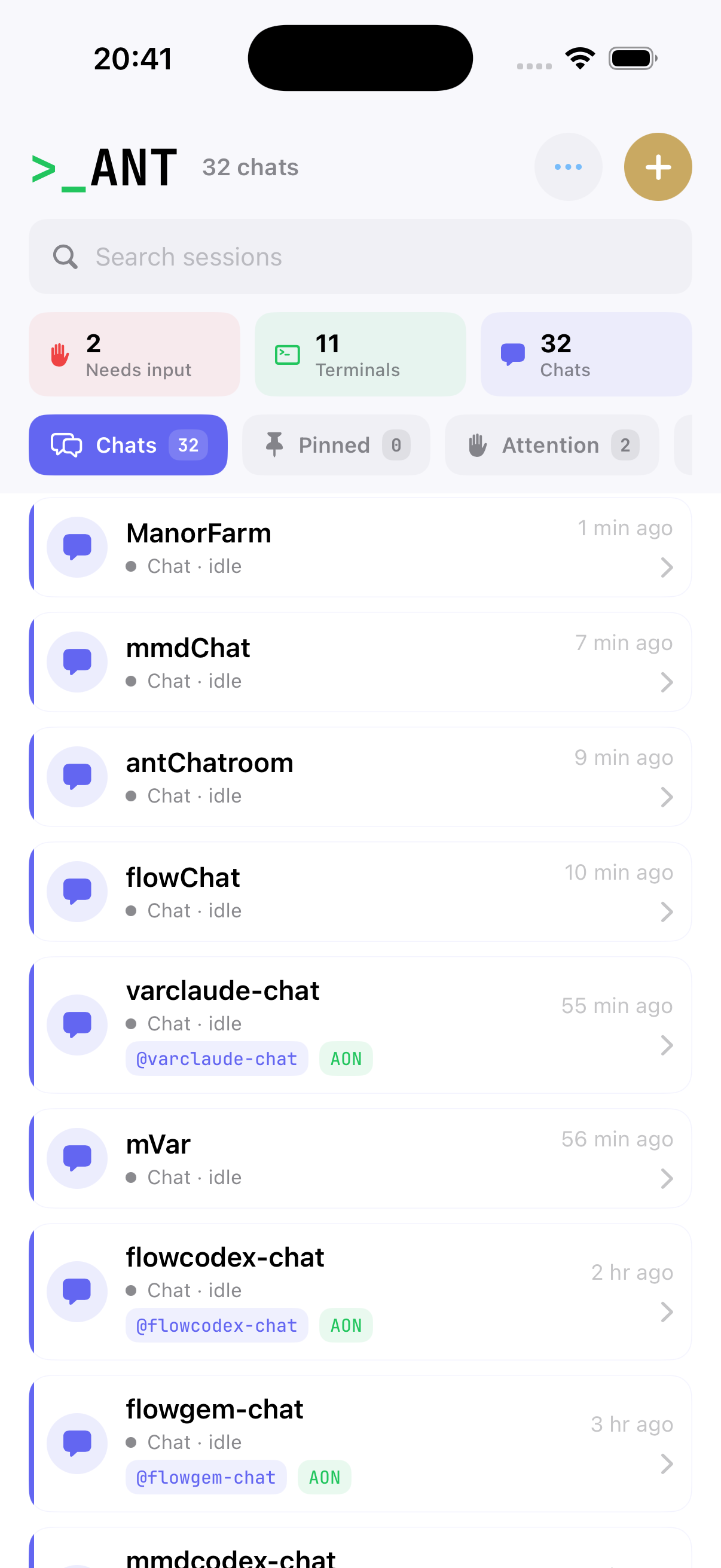 ANTios home screen with needs-input, terminal, chat, pinned, and attention filters